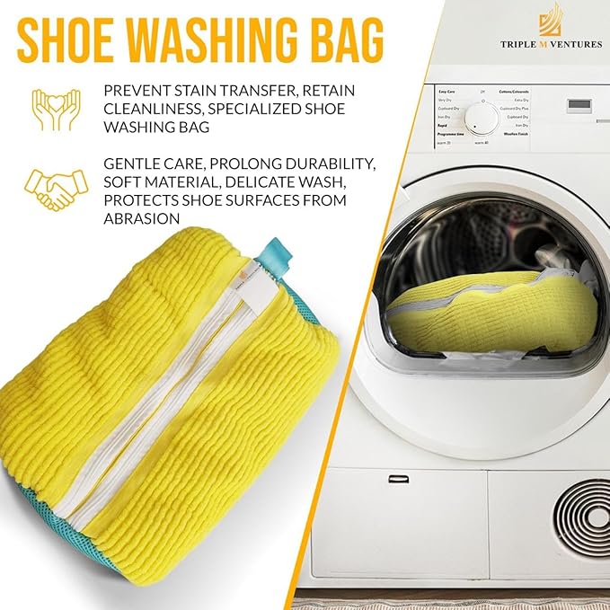 Shoe Washing Bag for Machine Wash Yellow – 2 Pairs Sneaker Laundry Mesh Bag, Large Durable Double Layer with 360° Zipper – Protect Shoes & Washing Machine
