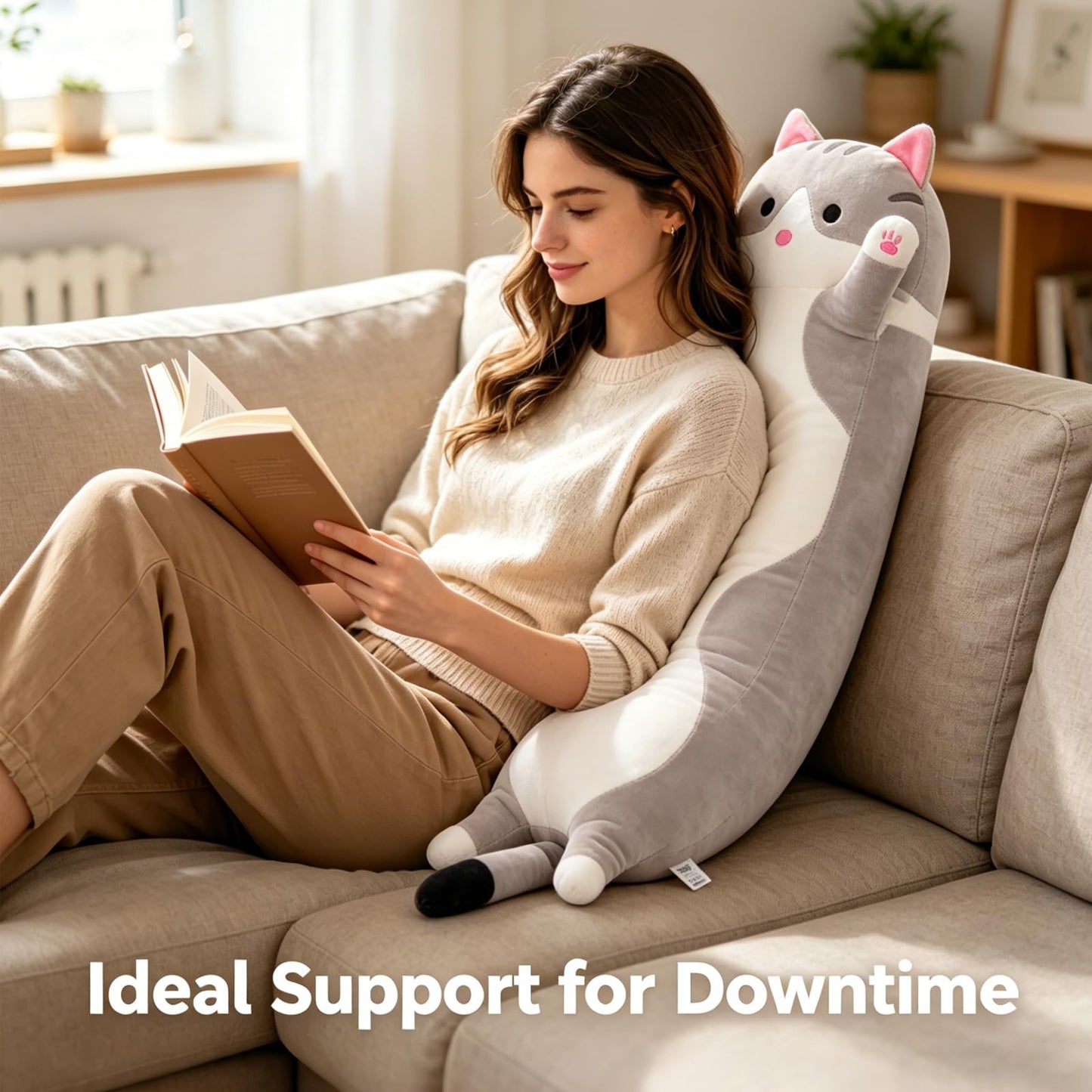 shangman Lovely Plush Cat Doll Cute Cartoon Soft Stuffed Kitten Pillow Long Throw Sleeping Toy Gift for Kids Girlfriend Multiple Size (Grey,50cm/19.6in)