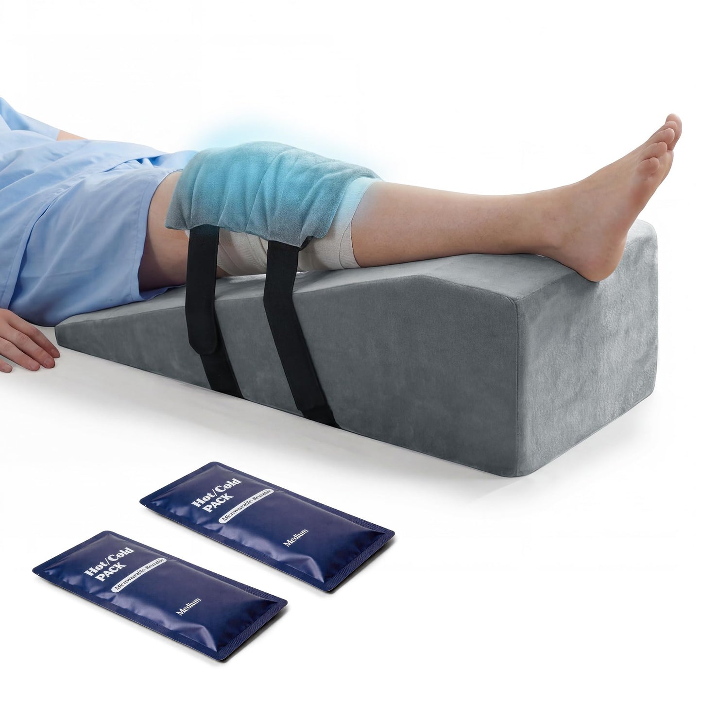 HOMBYS Leg Elevation Pillow After Surgery with 2 Cold Therapy Packs, Post-Surgery Knee Replacement Pillow for Pain Relief & Swelling Reduction, Single Leg Ankle Support, Home Recovery Equipment