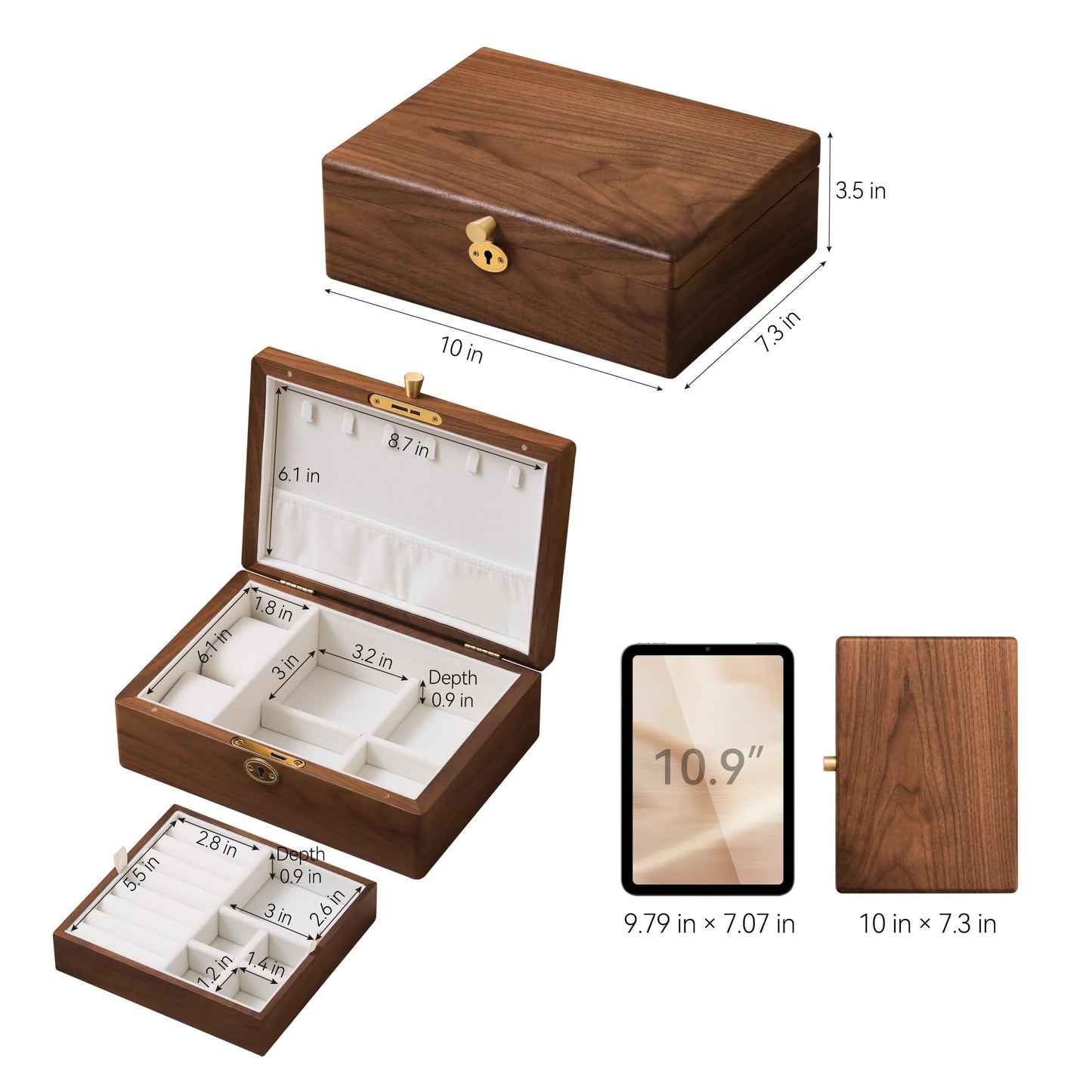 Black Walnut Wooden Jewelry Box with Lock, 2 Layer Natural Solid Wood Jewelry Organizer with Removable Tray, Velvet Lined Storage for Necklace Ring Earrings Watch Bracelet, Gifts for Mom Women Girl