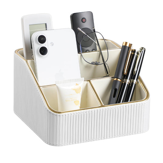 Cretkhp Remote Control Holder with 4 Compartments, PU Leather Small Nightstand Organizer for Home Desk Accessories Office Supplies, Multifunctional Stylish Small Bedside Desktop Organizers (White)