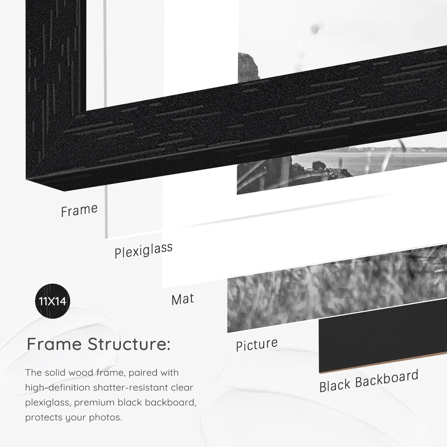 Picrit 11x14 Picture Frame Set of 2, Solid Wood and Black Backboard, Displays 8x10 with Mat or 11 x 14 Without Mat, Tabletop & Wall Mounted, Multi-Piece Wall Gallery Photo Frames for Home Decor, Black Wood Grain