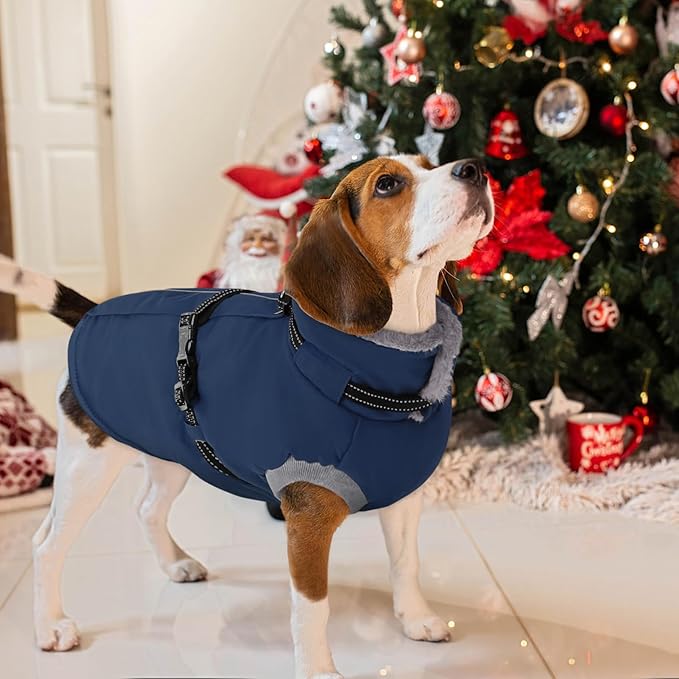 AOFITEE Dog Coat, Warm Dog Jacket Winter with Harness Built in, Waterproof Pet Snow Coat with Zipper on Back, Fleece Pet Sweater Puffer Jacket Snowsuit for Extra Large Dogs, Blue XXXL