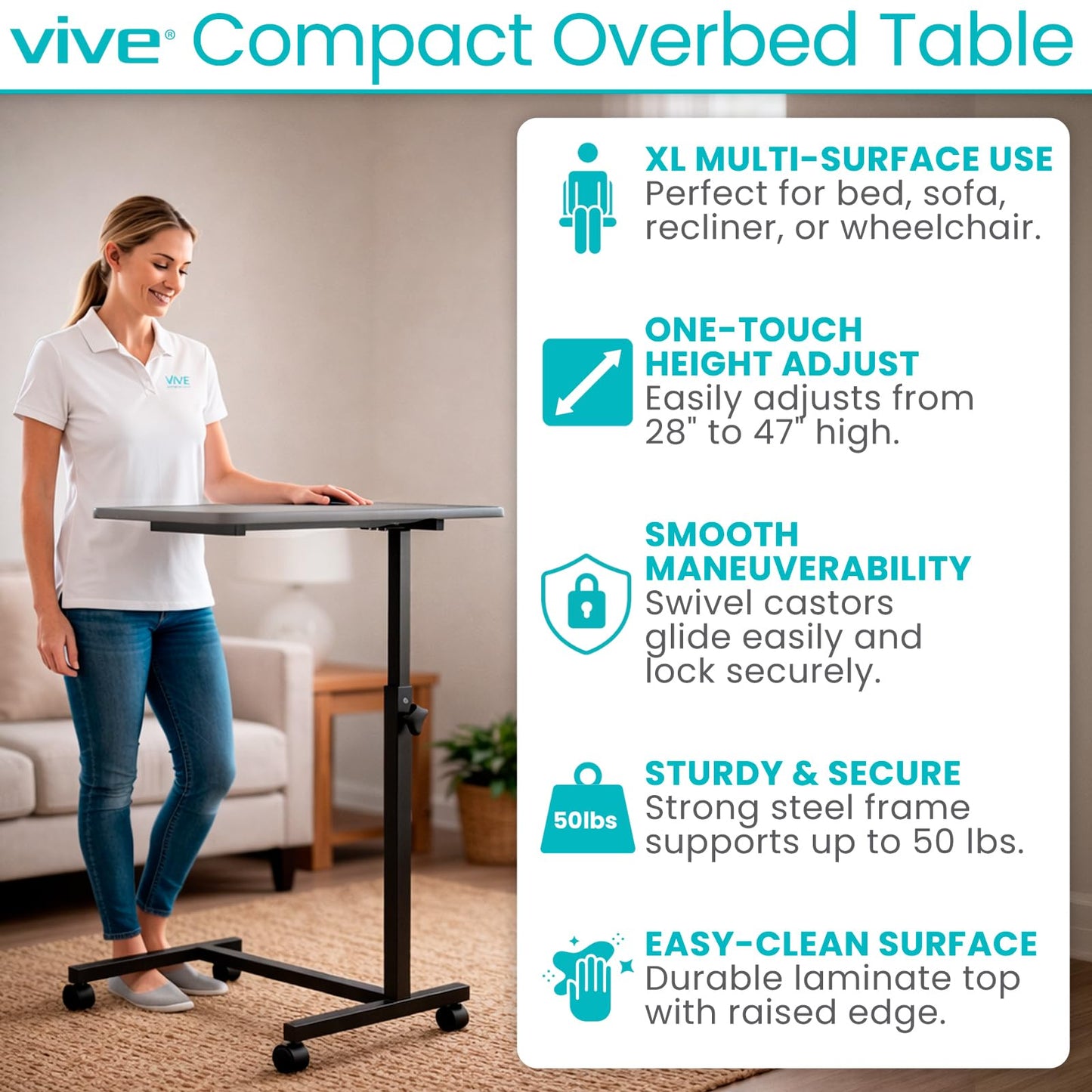 Vive Overbed Hospital Bed Table for Home Use - Adjustable Swivel Wheels & Tray for Over Bed - for Medical Bedside Chair - Adjustable Height, Tilt Top for Reading, Laptop, Bedridden, Elderly, Seniors