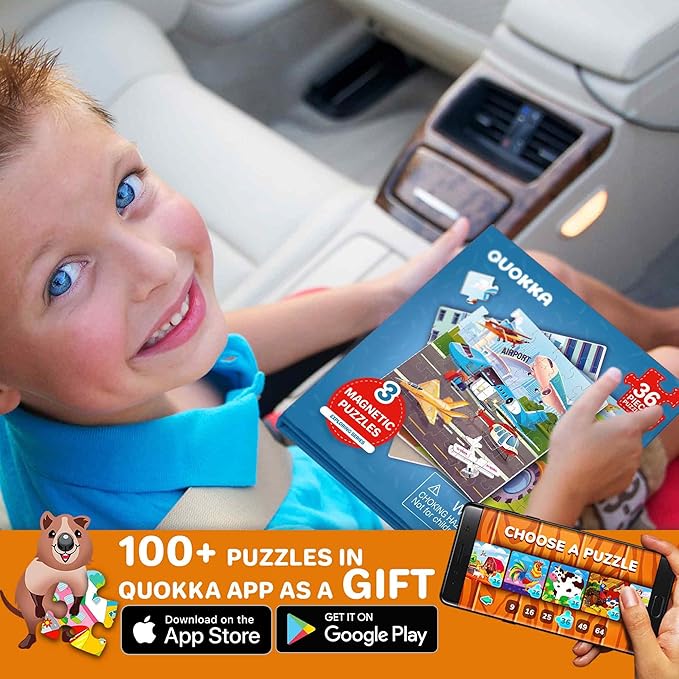 QUOKKA Magnetic Toddler Puzzles Ages 2-4 – 24 Pieces Kids Puzzles Ages 3-5 – Travel Games and Toys for Kids 4-6 Boys and Girls – Learning Transport Car Airplane Road Trip Activities
