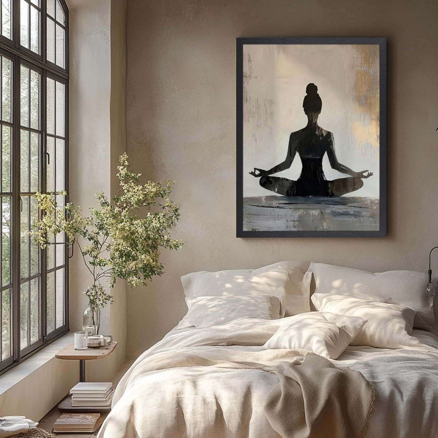 GELDSTEI Wood Framed Zen Wall Art, Modern Yoga Girl Canvas Painting, Tranquil Meditation Wall Decor, Spiritual Aesthetic Picture, Calming Mindfulness Poster Prints for Living Room Spa Yoga 12x16 Inch