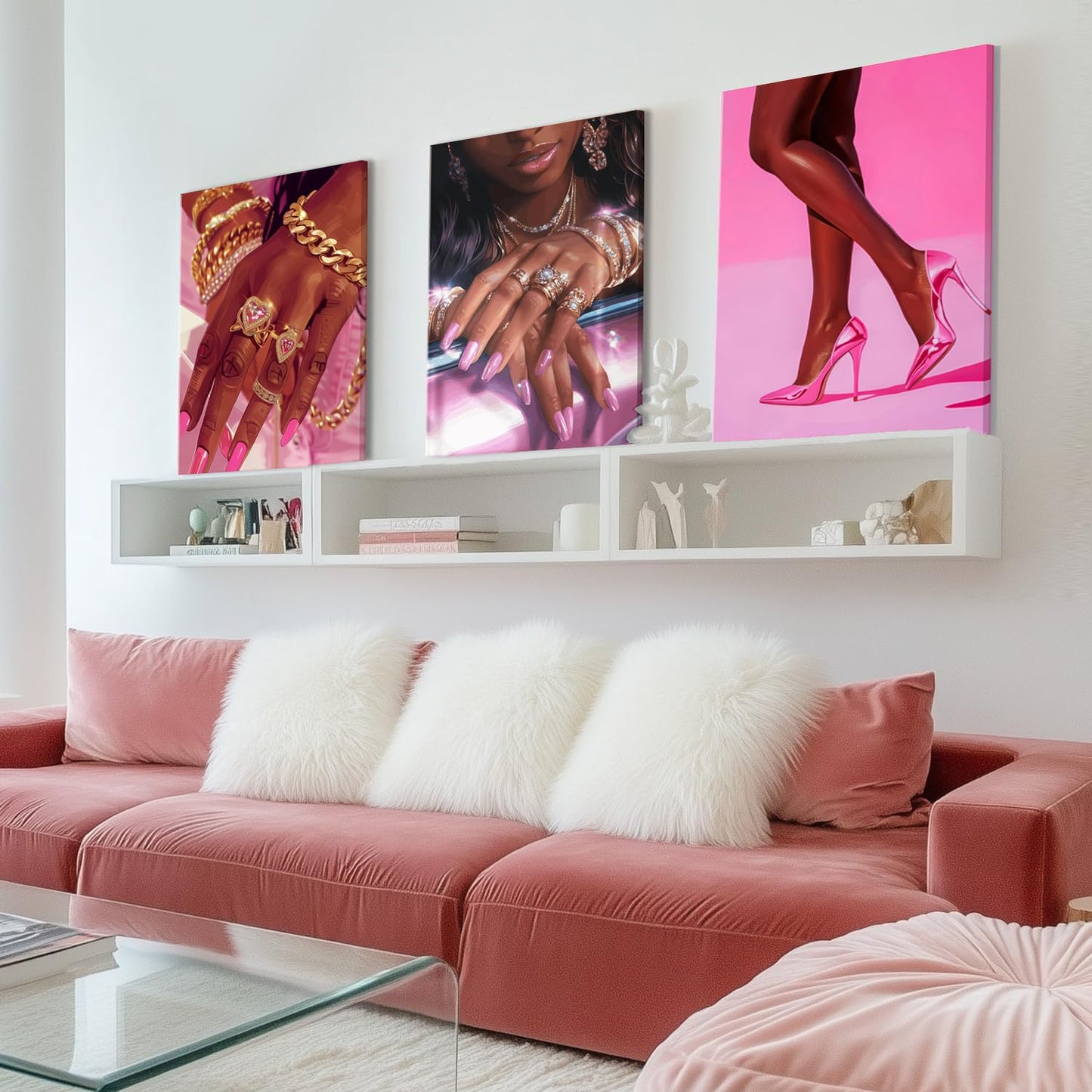 Pink Fashion Black Girl Canvas Wall Art Set of 3 African American Black Woman Posters Wall Decor Fashion Black Woman Pictures Prints for Living Room Bedroom Artwork Home Decoration 12x16Inch Framed