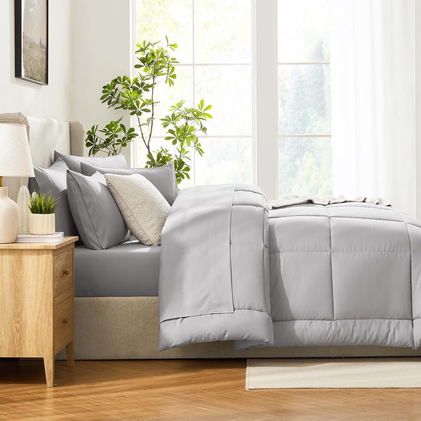 CozyLux Queen Comforter Set French Grey, 7 Pieces Bed in a Bag, Gray Comforters Queen Size, All Season Bedding Sets with Stitch Quilted Comforter, Flat Sheet, Fitted Sheet, Pillowcases