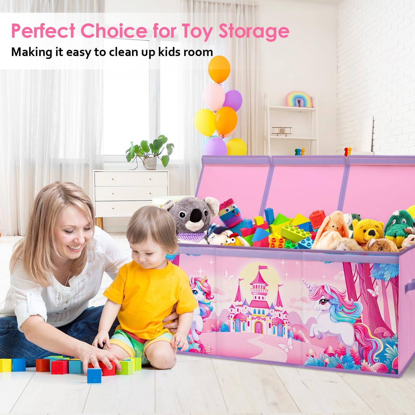 Large Toy Box Chest Organizer with Flip Lid for Kids, Collapsible Oxford Toy Storage Box with Handles for Boys Girls, Sturdy Waterproof Storage Organizer for Bedroom Playroom Nursery, 37.7×12.5×15.7''