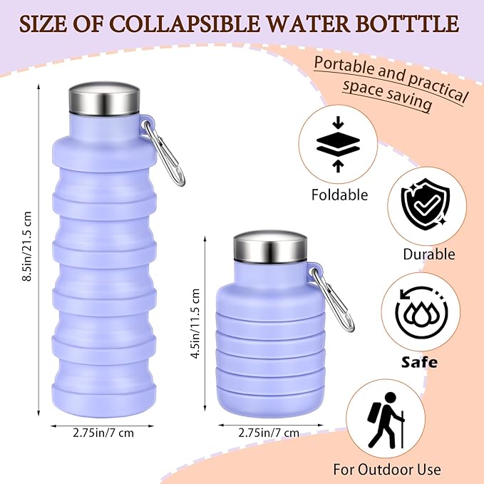 Baderke 2 Pcs Collapsible Water Bottles 17oz Silicone Travel Foldable Portable Water Bottle with Buckle Silicone Lightweight Reusable Leakproof for Camping Hiking Cycling Sport(Purple, Orange)