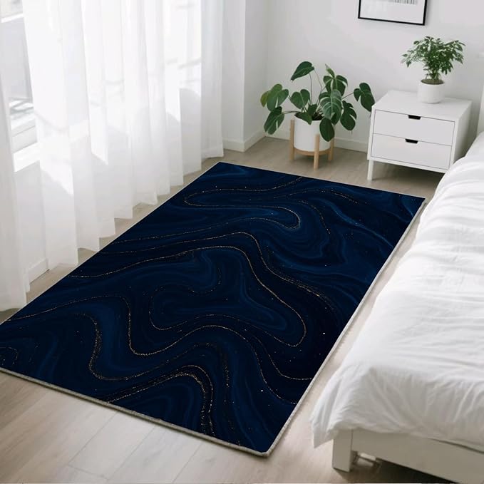 Luxury Marble Rug - 6x9 Area Rugs, Navy Blue Marble Kids Rugs, Modern Abstract Area Rug, Washable & Non Slip Large Rug Home Decor