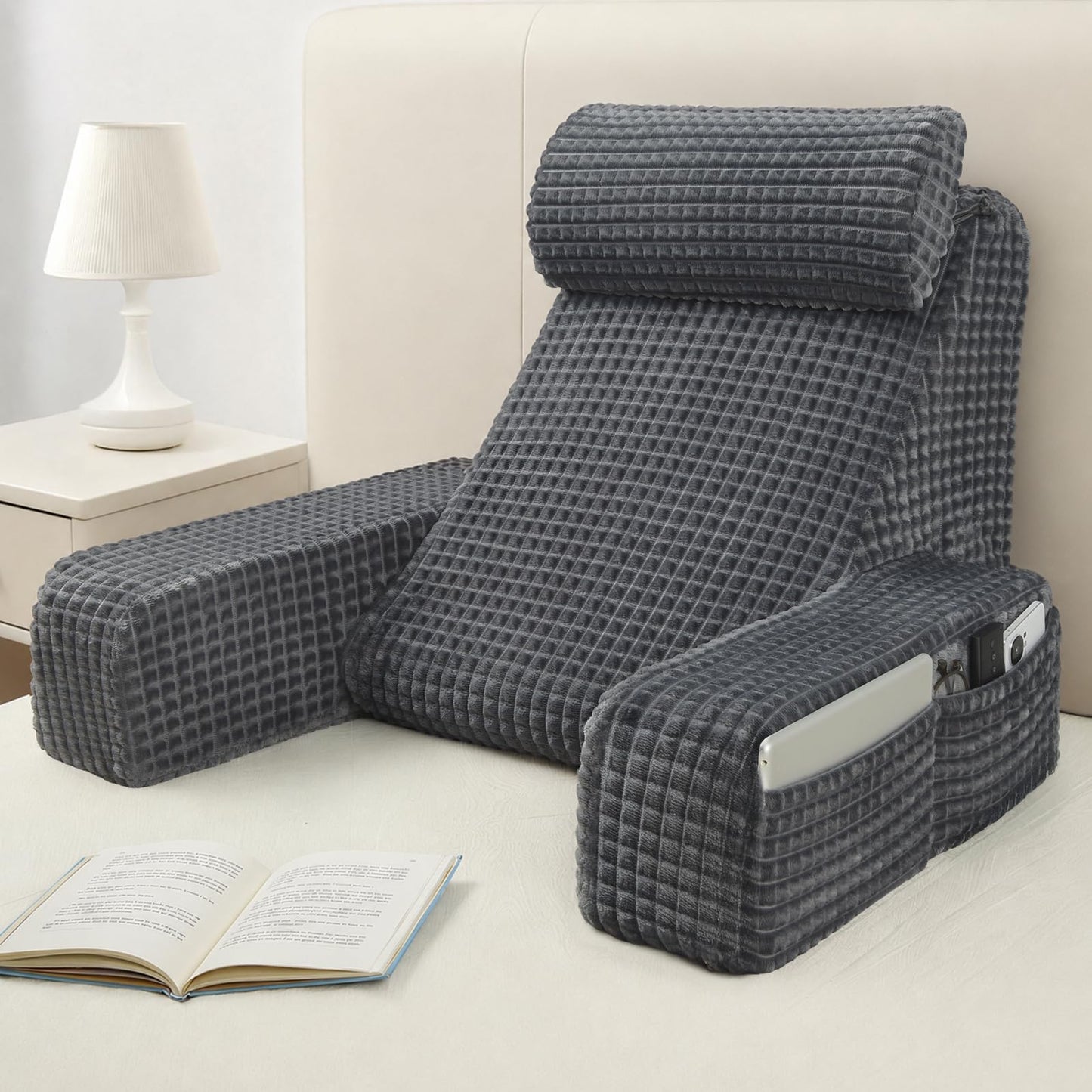 Vekkia Reading Pillow,Back Pillow for Bed Sitting Up Adult,Backrest Support Pillow with Build-in Arms & XL Pockets,Rest Chair for Reading,Gaming,Relaxing,Working or Watching TV in Bed/Floor-19'' Grey