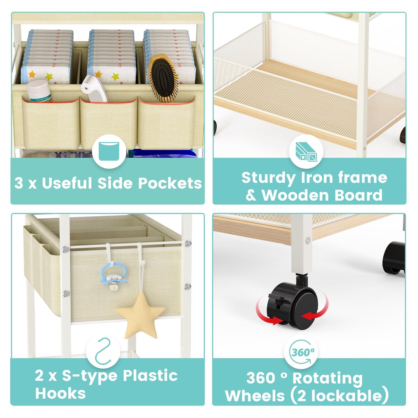 2In1 Baby Diaper Caddy & 3-Tier Rolling Cart, Diaper Caddy Organizer Carts with Dividers, Mobile Metal Utility Cart for Nursery Essentials, Detachable Bedside Cart, Large Capacity, White