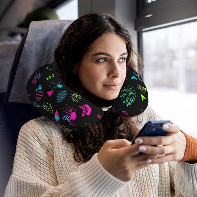 Breathable Neck Pillow for Sleeping Rest Nap 80s 90s Geometric, Airplanes/Car/Home Memory Foam Travel Cushion with Polyester Cover Washable for Women Men