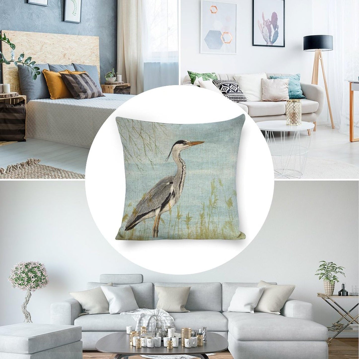 Icotoibabie Summer Gray Heron Throw Pillow Cover 18×18 Inch Linen Coastal Pillowcase, for Sofa Car Beach Bedroom Cushion Cover