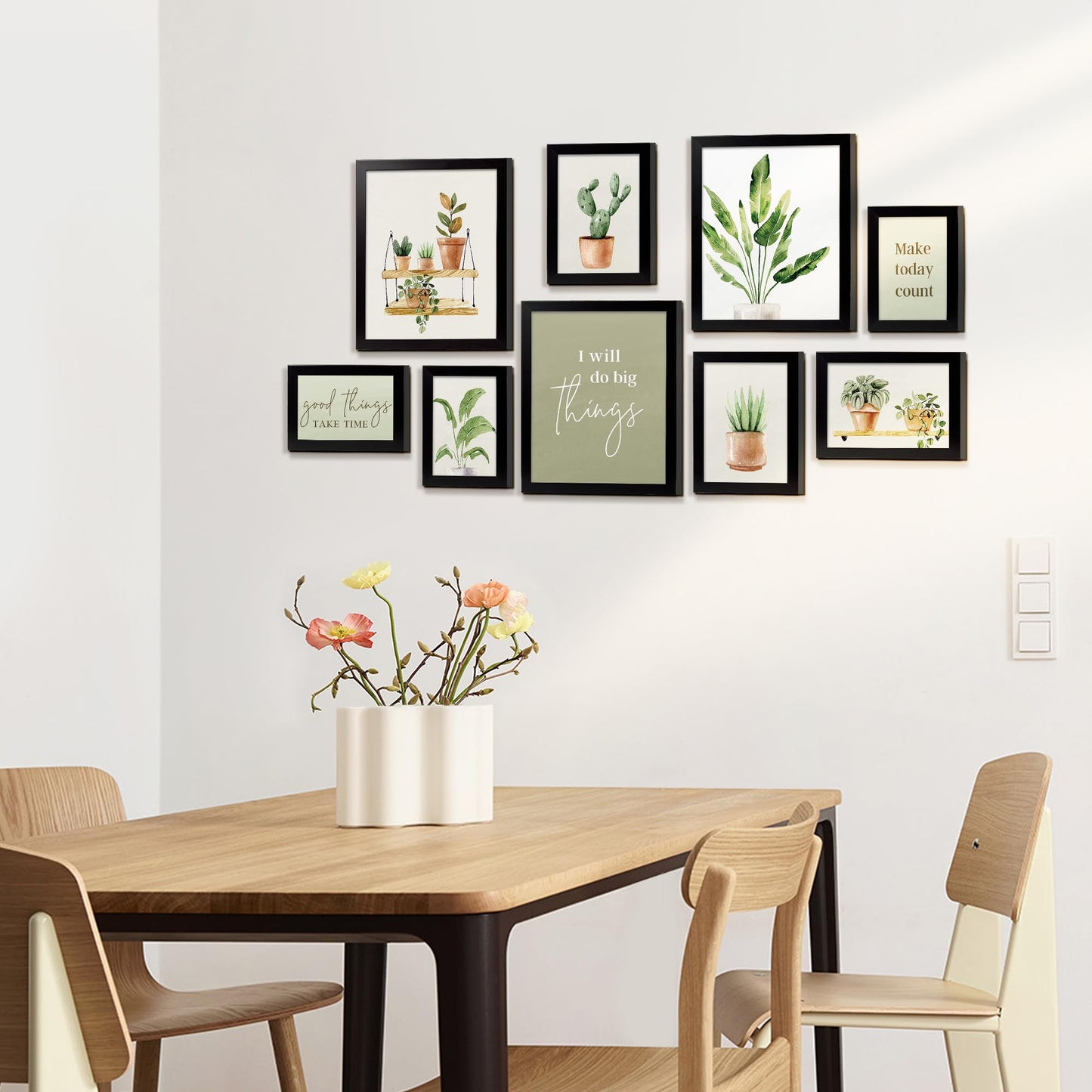 ArtbyHannah 9-Piece Botanical Gallery Wall Art Set, Sage Green Plant Prints with Black Frames, Neutral Decor for Modern Living Room Bedroom Staircase Nursery