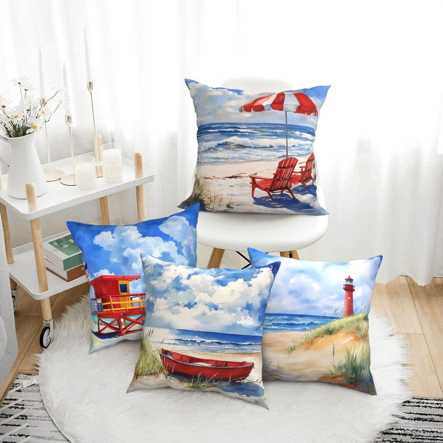 Worltoldb Christmas Bear Deer Throw Pillow Covers Set of 4 Winter Xmas Decorative Soft Linen Fabric Square Cushion Case for Room Bedroom Sofa Car 18x18 (Summer Beach, 18"x18")