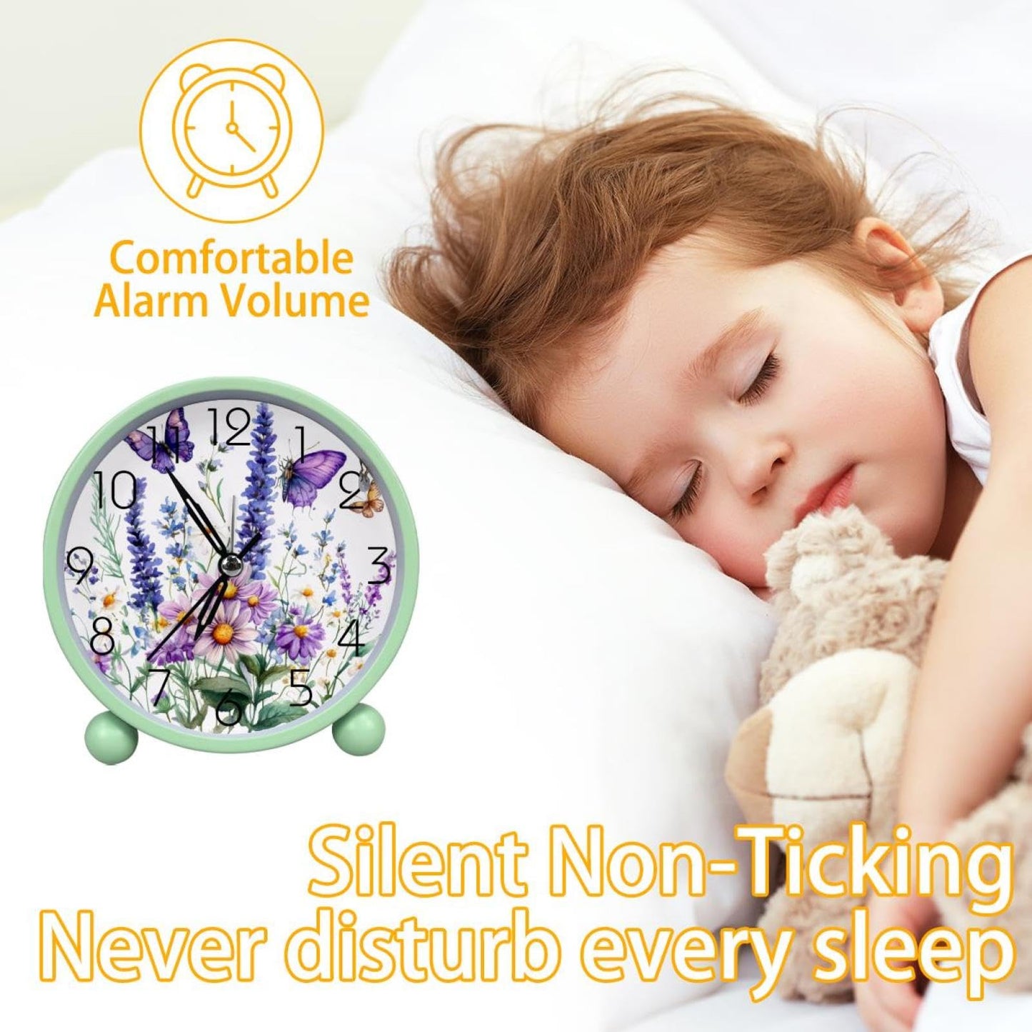 IROLSKDNFH 4.3" Analog Alarm Clock Silent Non Ticking, Small Clock with Night Light Battery Operated, Gentle Wake, Easy Set and Read (Wildflowers Purple Bluebell Sage Chamomile with Butterflies)
