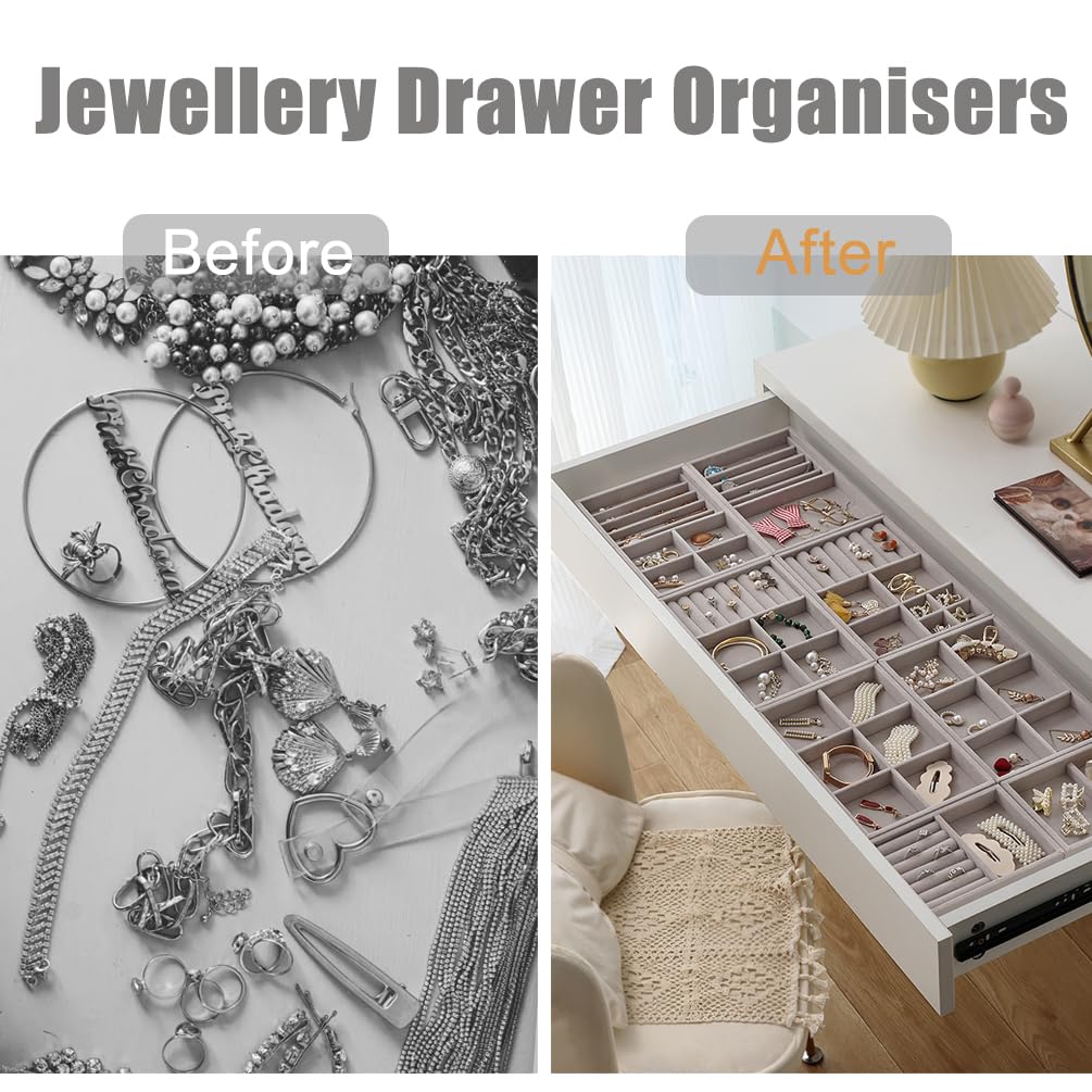 10 Pack Jewelry Organizer Tray Drawer Inserts Stackable Velvet Liner Dividers Customizable Jewellery Box Foam Ring Earring Holder Necklace Bracelet Storage Display Dish Flat in Dresser Vanity