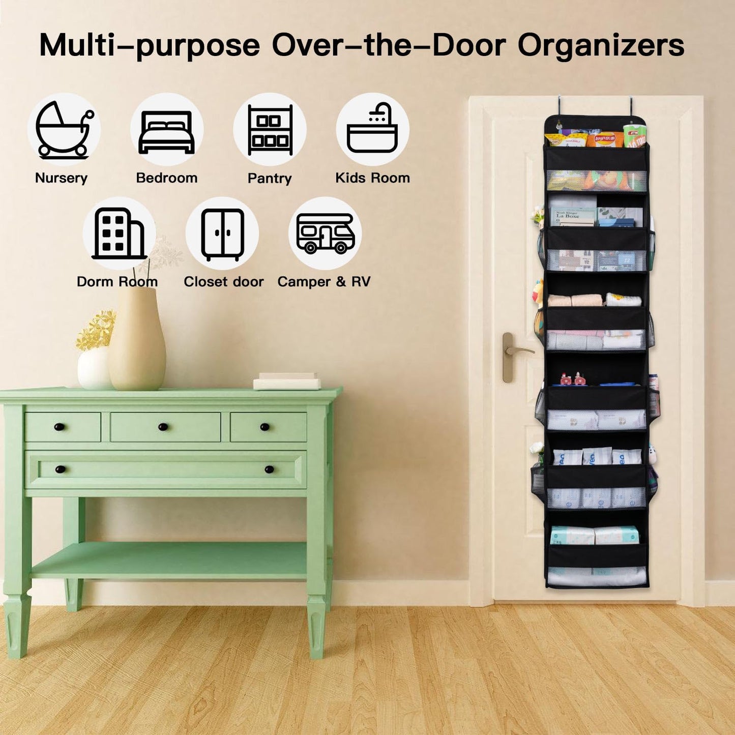 WishJazz Premium Over The Door Organizer 6 Large Pockets, 150D Extra Thick,50 lbs Hanging Organizer Storage, Behind Door Closet Organizer and Storage for Nursery, Bedroom, Bathroom, Black