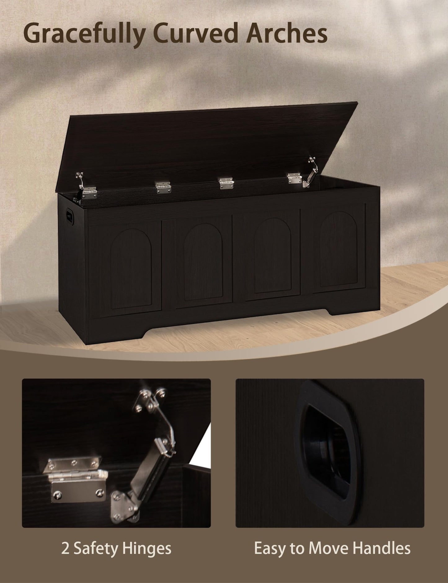 DINZI LVJ Storage Chest, 47.2”Wooden Storage Box with 2 Safety Hinges, Entryway Shoe Bench with Flip-Top, Large Trunk for Living Room, Bedroom, Easy Assembly, Espresso