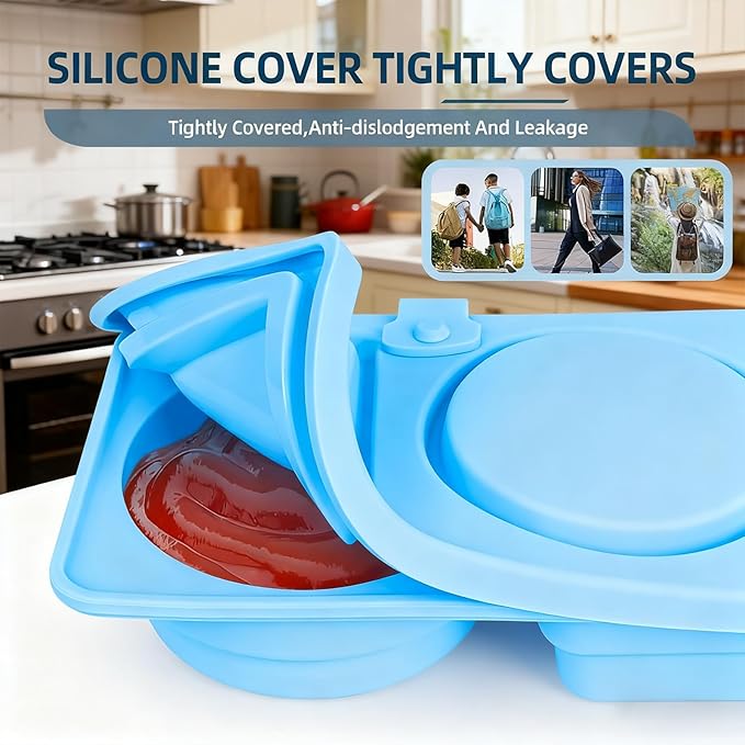 Dobyusf 4-Pack Collapsible Silicone Snack Containers - Round & Square Shape with Utensil Holder, BPA-Free Foldable Food/Sauce Storage for On-the-Go, Microwave & Dishwasher Safe