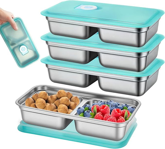 MJDYTYT 3 Pack Leakproof Stainless Steel Snack Containers with Secure Sealed Lids, Reusable 2 Compartment Bento Boxes for Lunch Prep, Travel, School & Office Stainless Steel Lunch Box