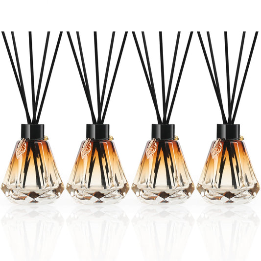 Reed Diffuser Set - 4 Empty Bottles with 20 Sticks, Delicate Gold Leaf Decor, Glass Fragrance Diffuser with Lids for Home, Bathroom | Refillable, Diamond Style (4 PCS Black)