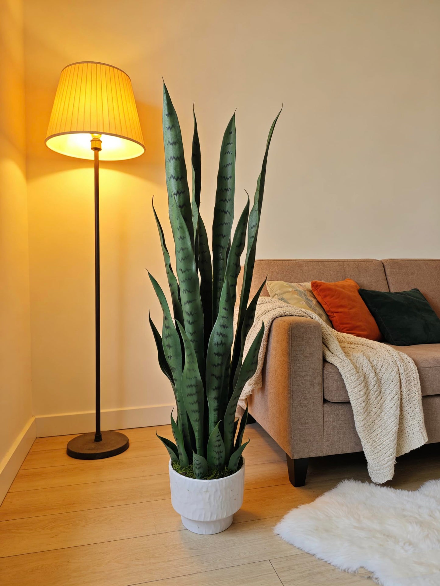 Dayuleaf 3 ft Artificial Sansevieria Plant with White Decorative Pot, Realistic Faux Snake Plant, Green with Dark Green Horizontal Stripes