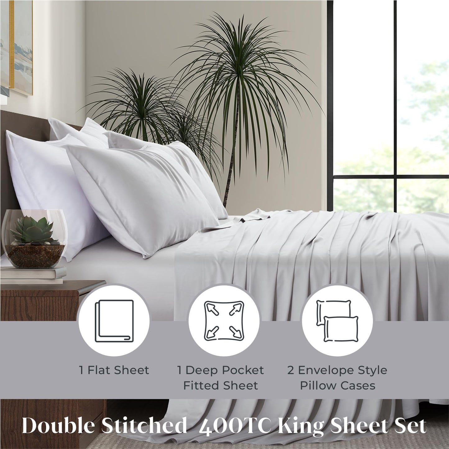 Luxury Bamboo Market | King Size Bed Sheet Set | 100% Viscose Made from Bamboo | Organically Grown | Ultra Soft | Cooling Sheets for Hot Sleepers | 17" Deep Pocket [Dove Grey]