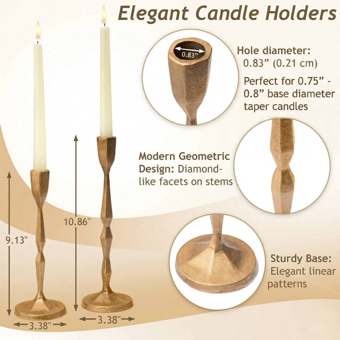 K'DCOR Antique Gold Taper Candle Holders, Heavy Duty Cast Iron Set of 2
