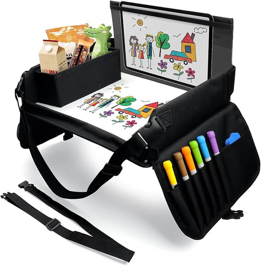 Julaiwy Kids Travel Tray for Car Seat, Carseat Table Tray for Kids Road Trip Activities, Car Trays for Kid Roadtrip Essentials, Toddler Lap Desk Organizer for Airplane - Black