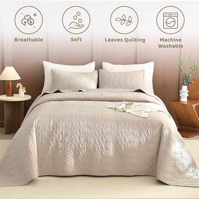 Sanracie Oversized King Quilt Bedspreads 128"*120", 100% Cotton Linen Colored Cal King Quilt Bedding Set Leaves Quilting Extra Wide Large Lightweight 3Pcs Coverlet King Size for All Season