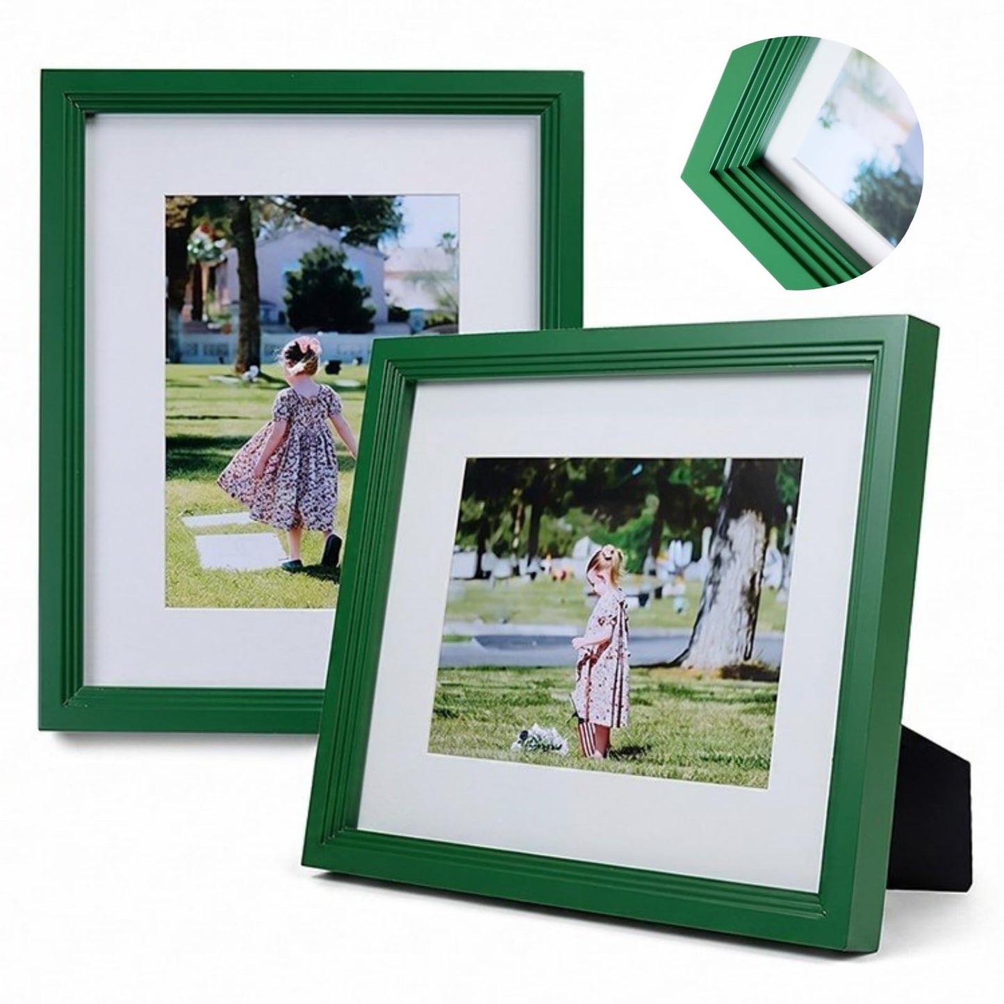 Exper City 8x10 Wooden Picture Frame, Displays 8x10 Without Mat or 5x7 With Mat, Solid Wood Colorful Photo Frame for Wall Tabletop, Real Glass, Rustic Stepped Edge, 2 Pack, Green