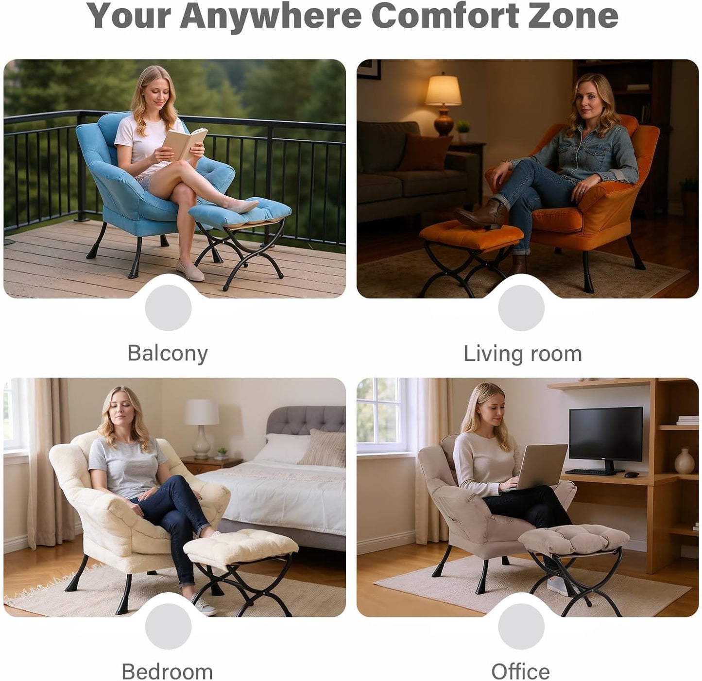 YOTATING Lazy Chair with Ottoman, Lounge Accent Arm Chair with Armrests, Side Pocket and Footrest, Leisure Upholstered Sofa Reading Chair with Footstool for Living Room Bedroom, Dark Grey
