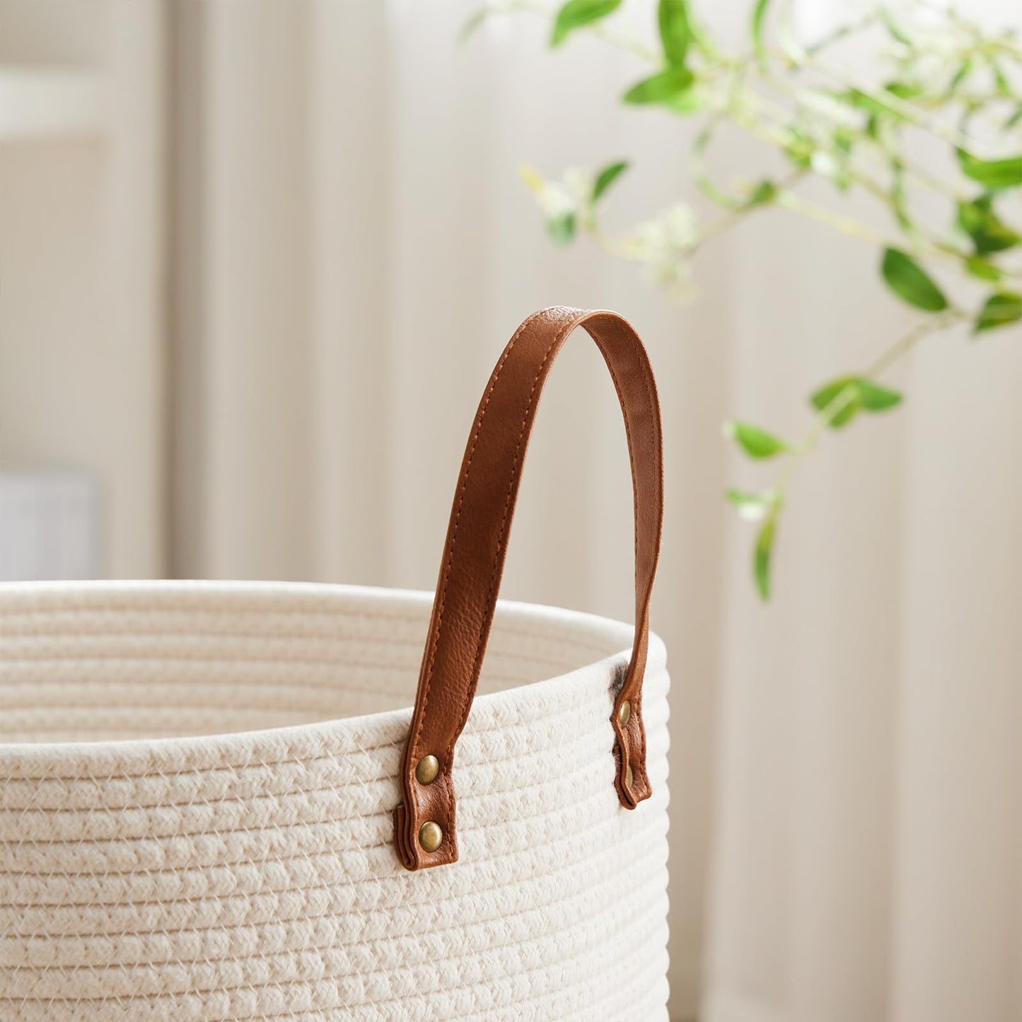 VIPOSCO 53L Tall Woven Rope Laundry Hamper, Leather Handles, White & Brown
