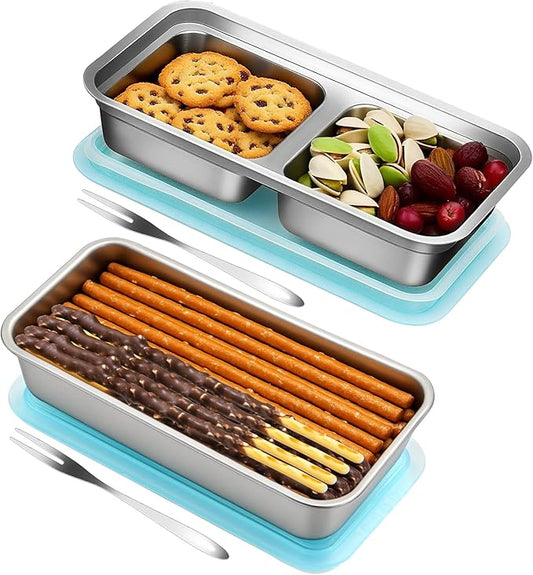 vovoyager Stainless Steel Snack Containers with Lids, Reusable Bento Lunch Container Box, Food Storage, Leak Proof, Dishwasher-Safe, Grab and Go for Work, 1 Single + 1 Double Compartment