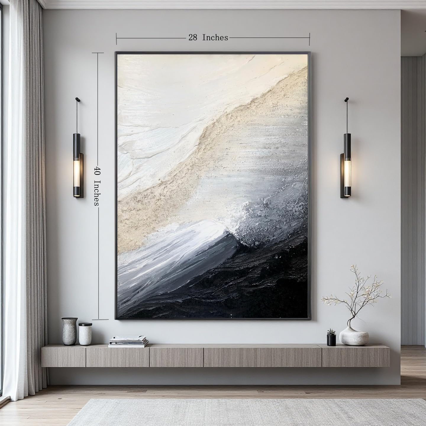 3D Textured White and Black Seascape Wall Art For Entryways, Large Framed Impasto Abstract Oil Painting for Living Room,Neutral Tone Wabi-Sabi Minimalist Wall Decor for Office/Bedroom 28x40 inches