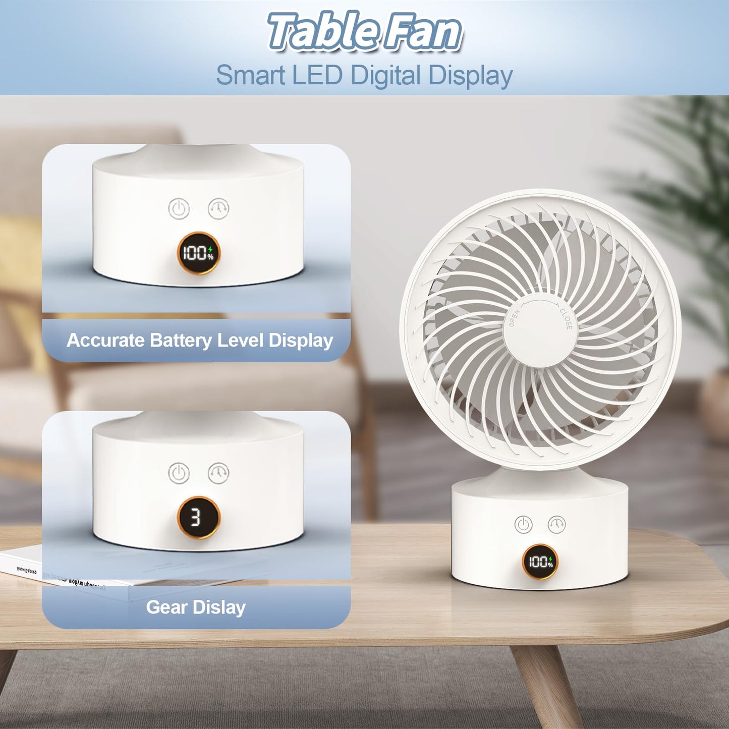 Yincook Desk Fan Small Oscillating for Bedroom, 9 Inch Quiet Desk Fan Air Circulator with 3 Speeds, 4H Timer, Rechargeable Desk Fan for Office/Dorm/Room-White
