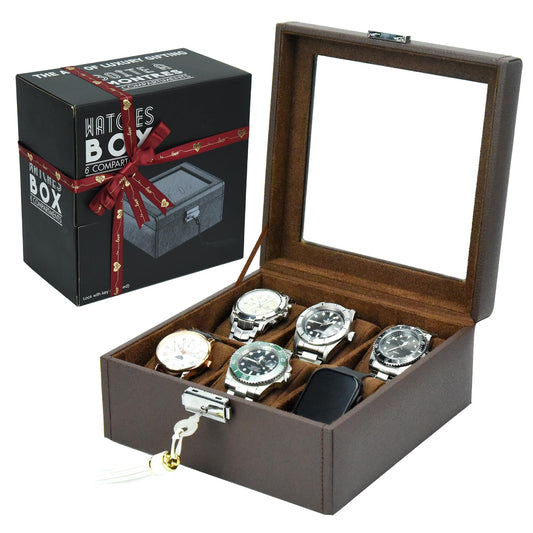 Hit design Watch Box Watch Cases for Men,6 Slot Brown Watch Case Organizer Storage Box,Leather Display Holder for Watches,Mens Watch Box for Collection,Anniversary Birthday Gift for Men Women