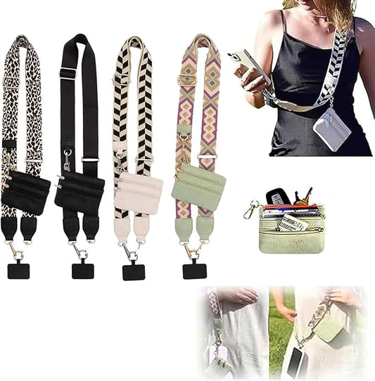 Crossbody Body Phone Holder for Women, New Phone Strap with Zippered Pouch, Adjustable Crossbody Strap (Black+White+Green+Leopard)