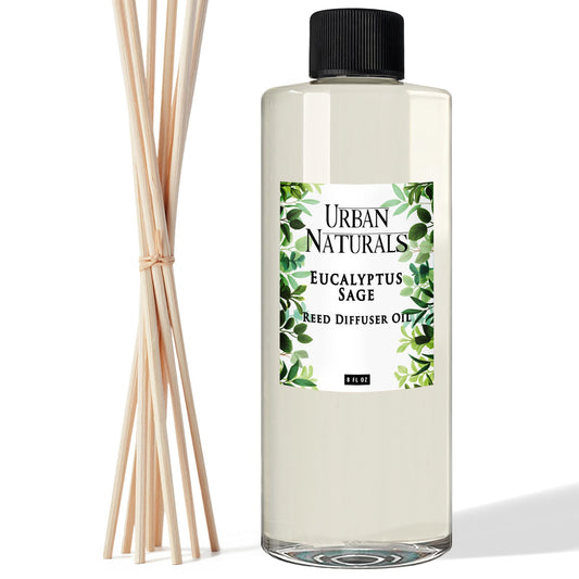 Urban Naturals Reed Diffuser Oil Refill Eucalyptus Sage with Mint, Lime, Cedarwood 8 oz + Free Reed Sticks, Made in the USA