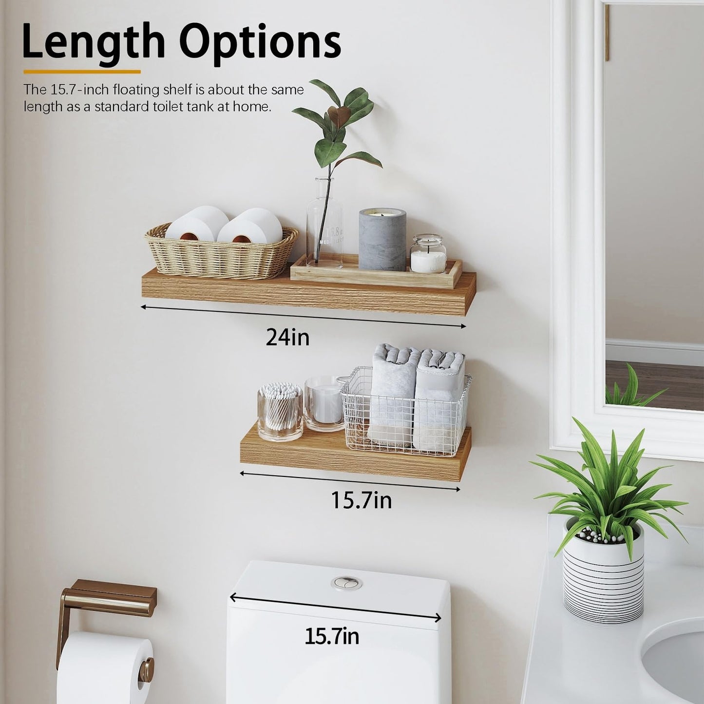 INHABIT UNION Oak Floating Shelves for Wall，24in Wall Mounted Display Ledge Shelves Perfect for Bedroom, Bathroom, Living Room and Kitchen Decoration Storage (Oak, Set of 2)