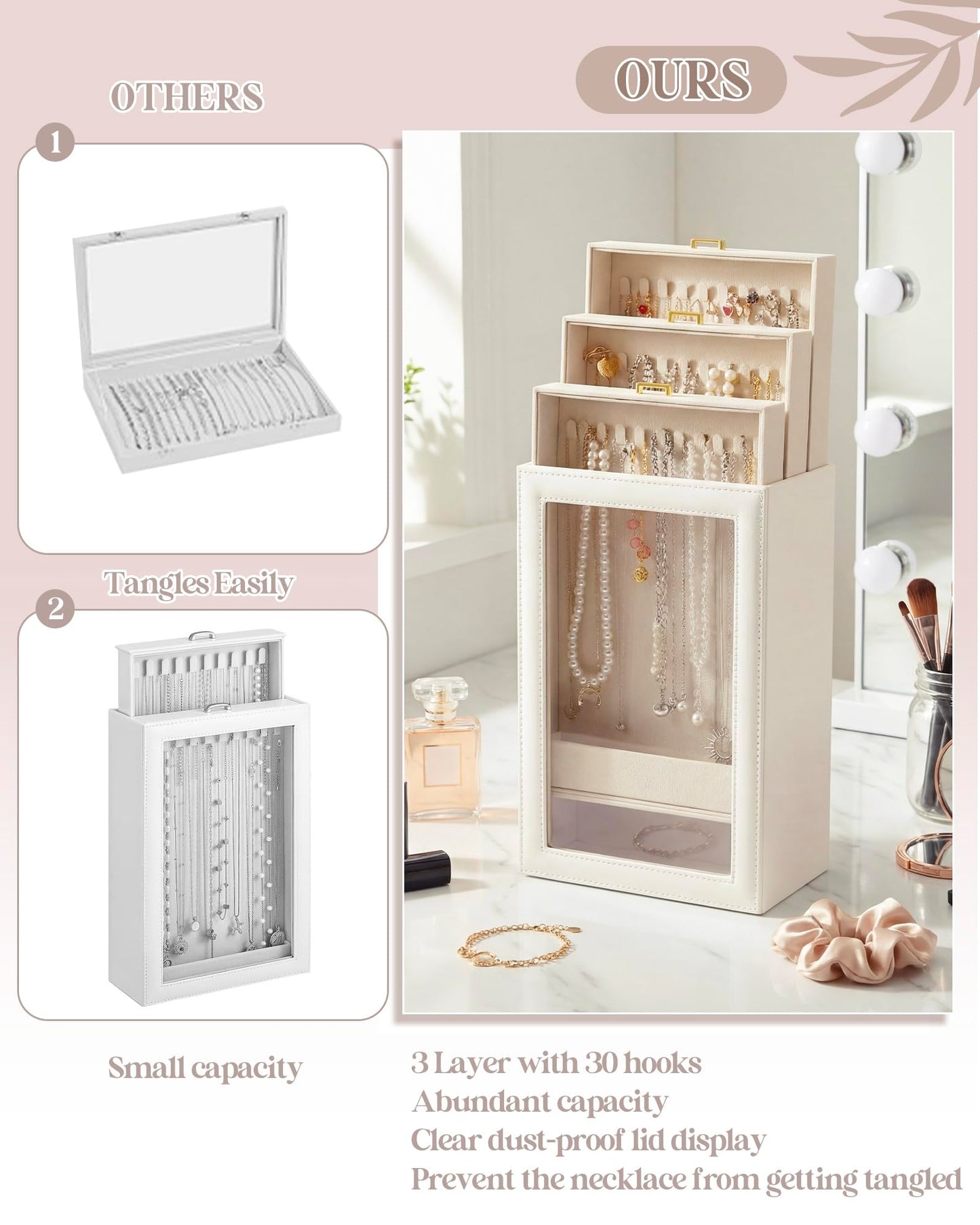 Huquary 3 Layer Vertical Necklace Holder Organizer Box 12.6" x 7.9" x 5", 30 Hooks PU Necklace Storage Box with Clear Lid Necklaces Display Case for Jewelry Organizer Storage Women Gift(White)