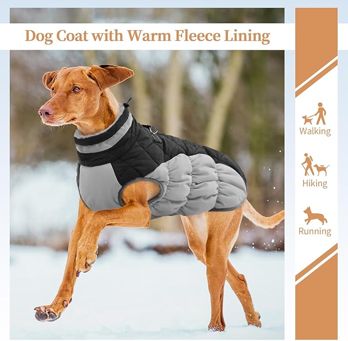 OUOBOB Winter Dog Coat,Large Dog Jacket,Waterproof Pet Jacket with Back Zipper,Pet Coat with Harness Built in,Warm Dogs Coat with Fleece Lined,Snow Jacket Clothes French Bulldog Shiba Inu,Black,L