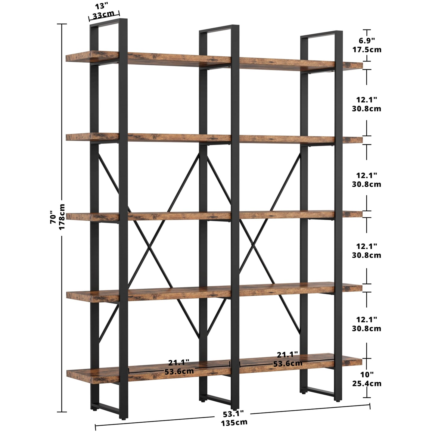 IRONCK Industrial Bookshelf and Bookcase Double Wide 5 Tier, Large Open Shelves, Wood and Metal Bookshelves for Home Office Furniture, Easy Assembly