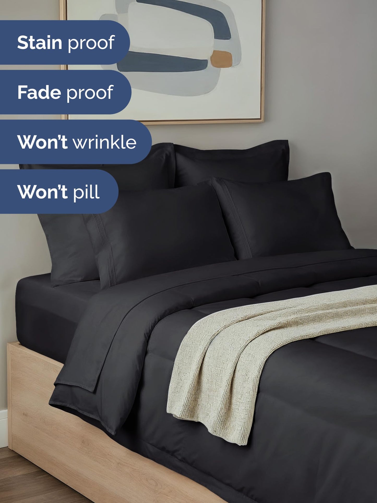 Full Comforter Set Black - Bed in a Bag Queen Size 7 Pieces - Down Alternative Duvet Insert - Soft, Lightweight Comforter Bedding Set with Flat Sheet, Fitted Sheet, Pillowcases & Shams for All Seasons
