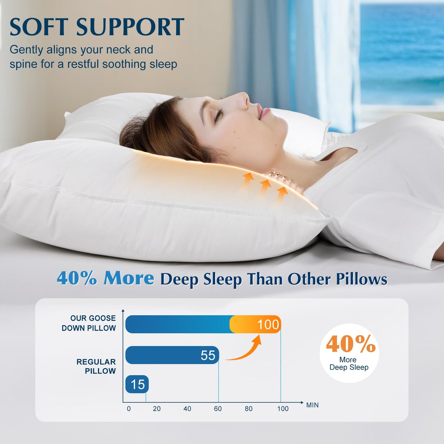 LIANLAM Goose Feather Down Pillows Queen Size Set of 2, 3-Chamber 5 Star Hotel Pillow for Deep Sleep,Soft Bed Pillows for Neck Pain Relief, Perfect for Side Sleeper, 100% Cotton Shell(2 Pack,20"x30")