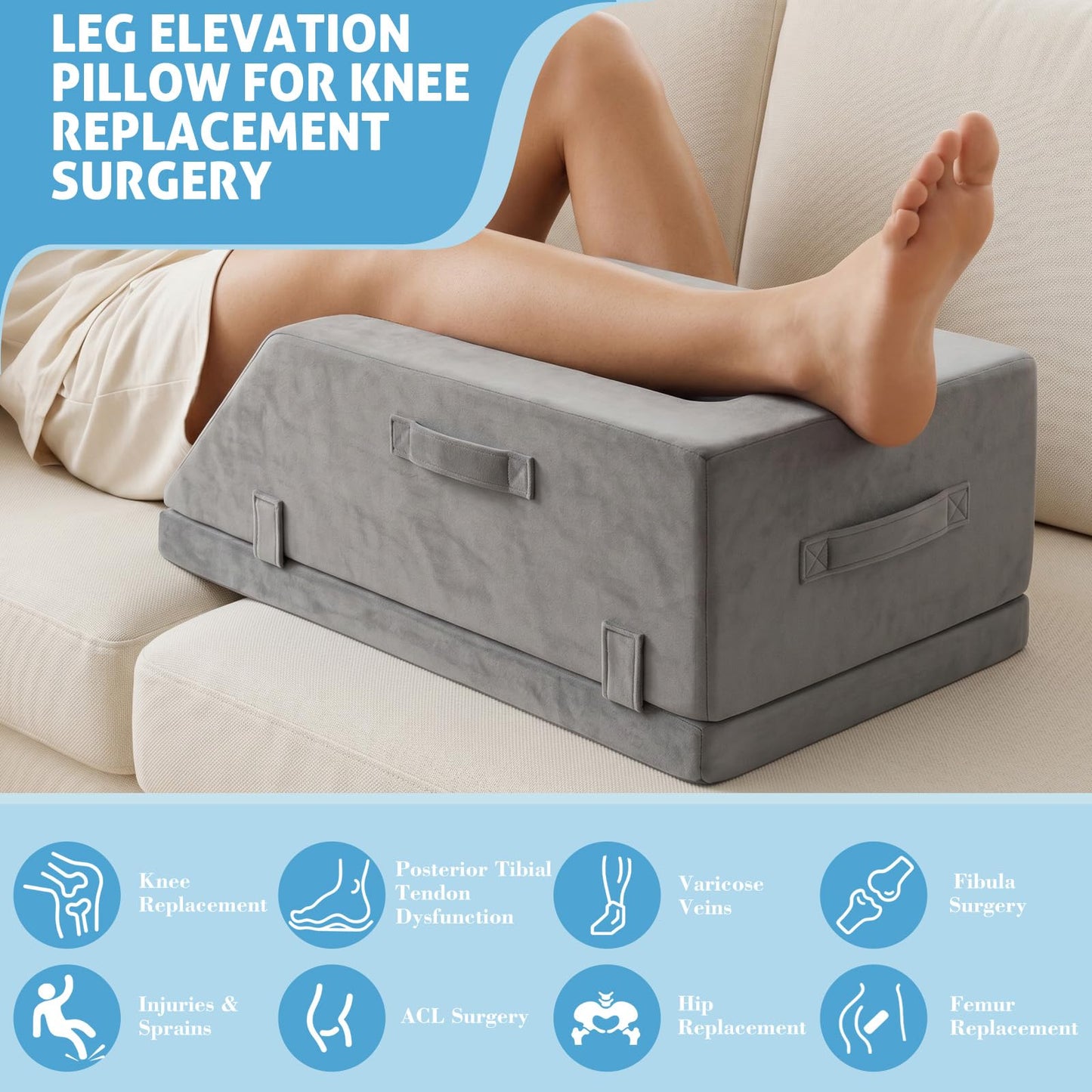 LEEHON Leg Elevation Pillows for After Surgery, Ergonomic Keeps Knee Straight, Adjustable Height Knee Replacement Recovery Aids, Suitable for Surgery, Injury, or Rest, Washable Cover, Single Leg