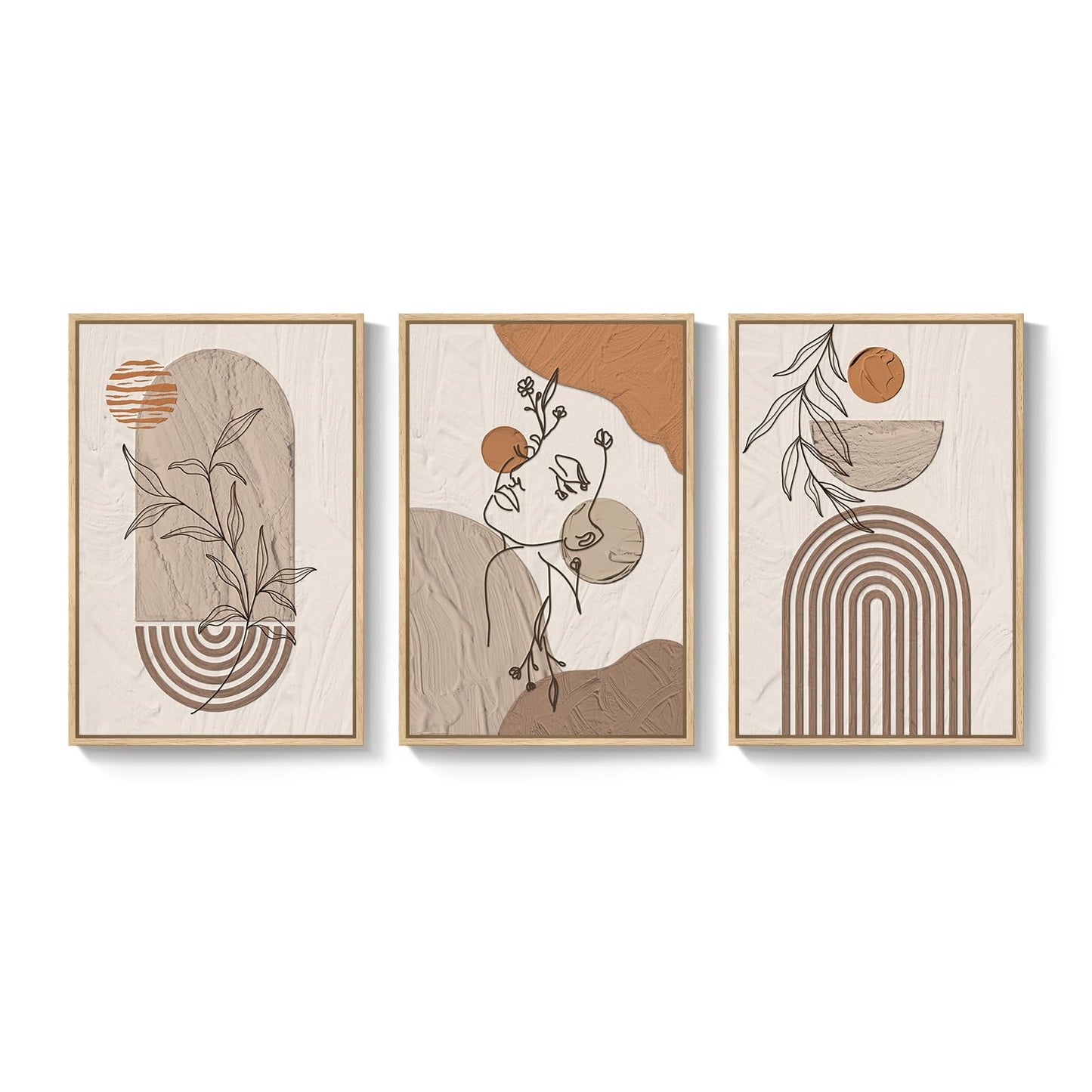 Framed Earth Tone Boho Abstract Wall Art Bedroom, 3 Piece Neutral Modern Bohemian Paintings Prints Canvas Artwork for Walls, Boho Triptych Pictures for Living Room Home Office Wall Decor, 16x24 Inch